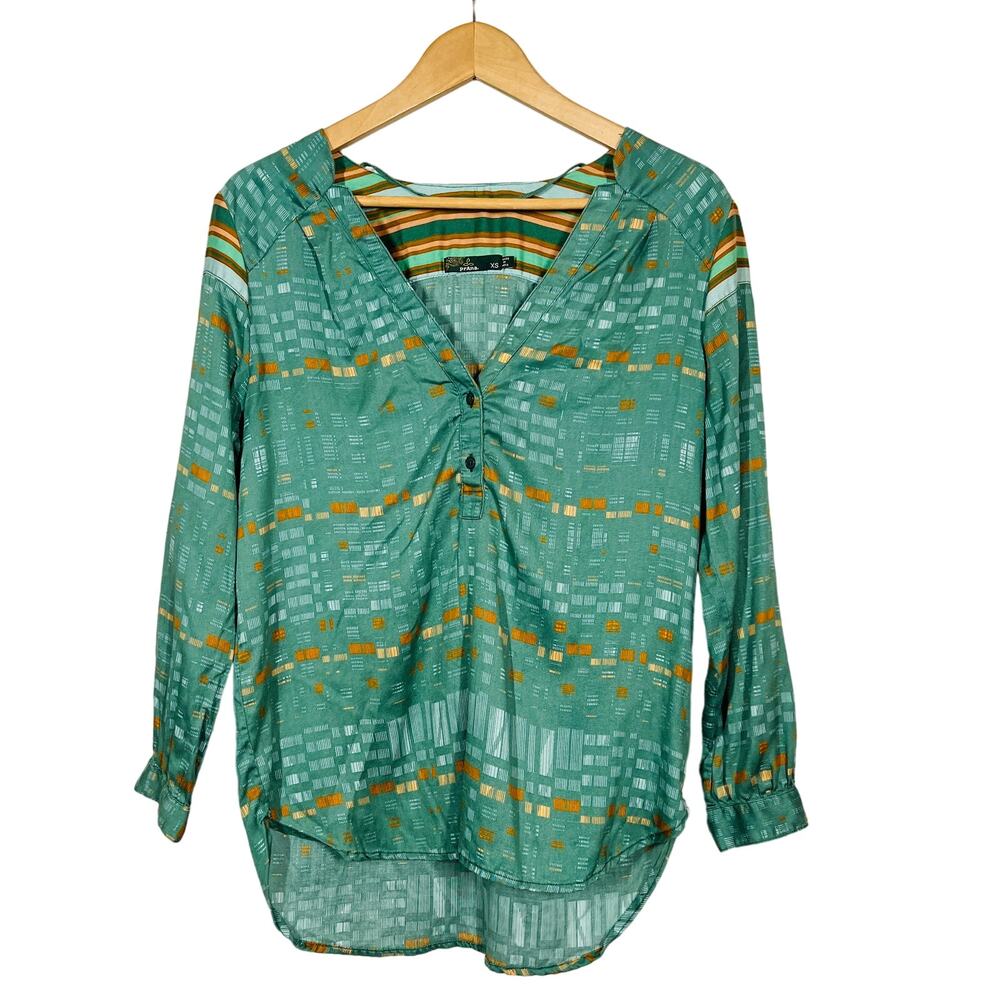 Prana Half Button Tunic Top Long Sleeve Green Gold Casual - XS